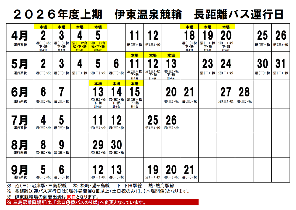 2026上期長距離バス運行日