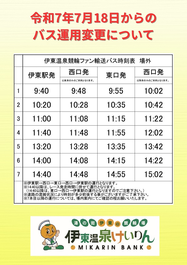 伊東駅発競輪場行バス時刻表場外